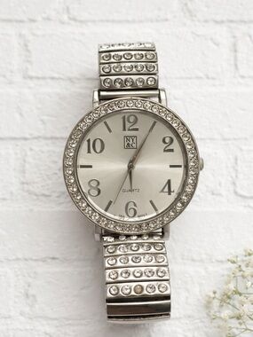 NY & Co Silver Rhinestone Bezel Watch Stretch Band Quartz Needs Battey
